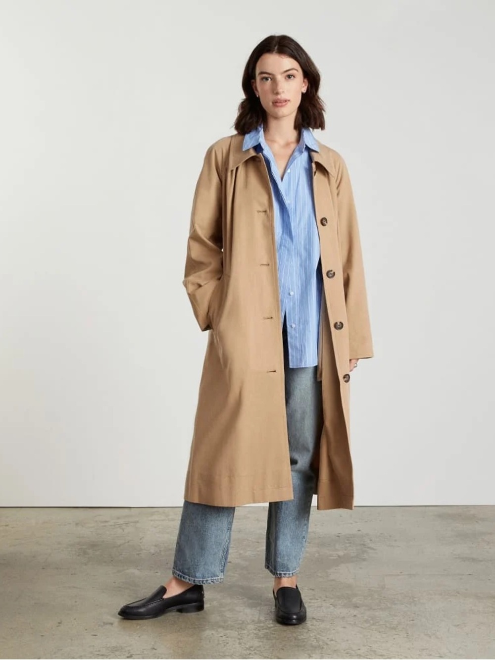 Everlane Gathered Drape Trench Tan Cotton Oversized Single Breasted